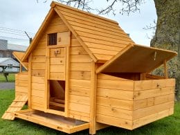 House design chicken coop with two nest boxes that have opening roofs