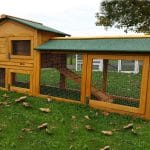 Rabbit Hutch design, wooden rabbit hutch with rabbit run attached, green roof and thick metal wire coverings